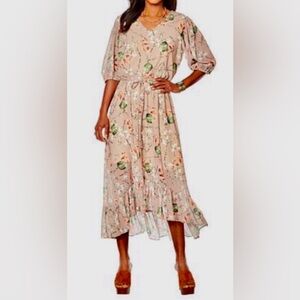 71. HILLARY SCOTT LaBELLUM SKY BLUE FLORAL MIDI DRESS RUFFLED BOTTOM